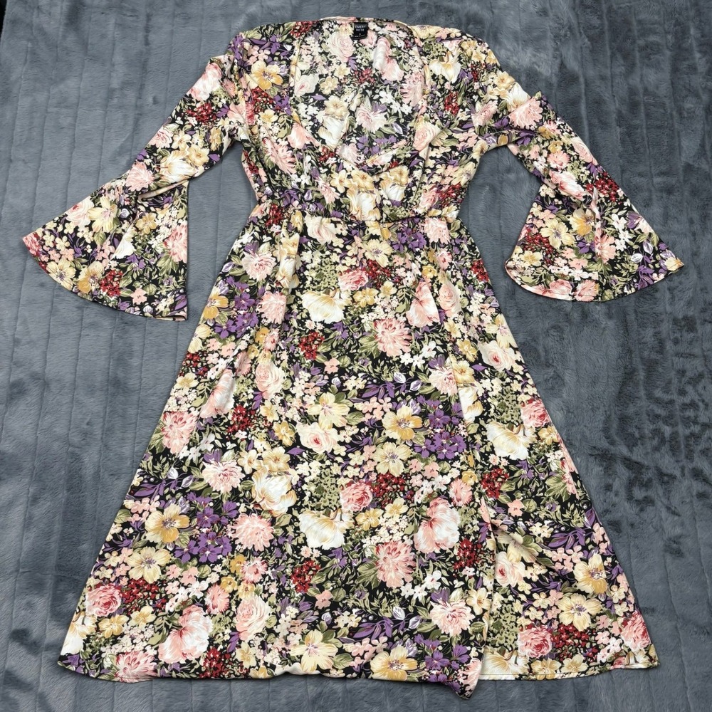 Emery Rose Floral Bell Sleeve Midi Dress Multi Color V-Neck Boho Size S 8165